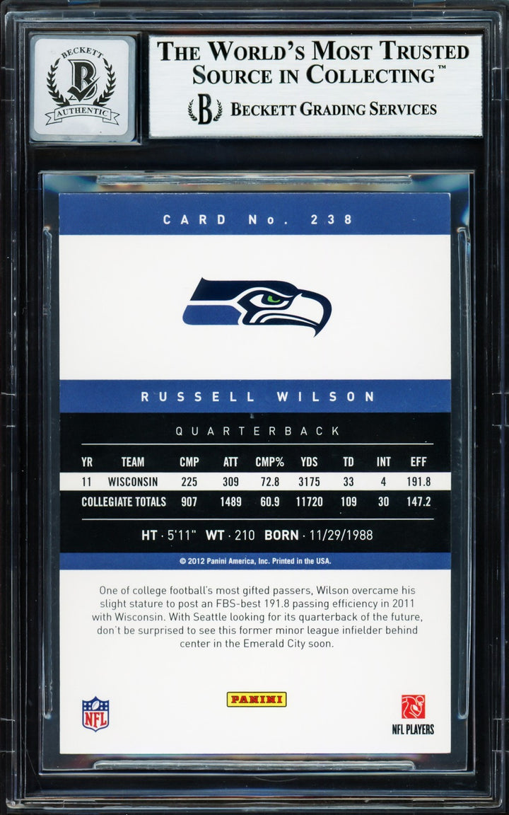 Russell Wilson Signed 2012 Panini Prestige RC 238 Seahawks Auto GM 10 Beckett