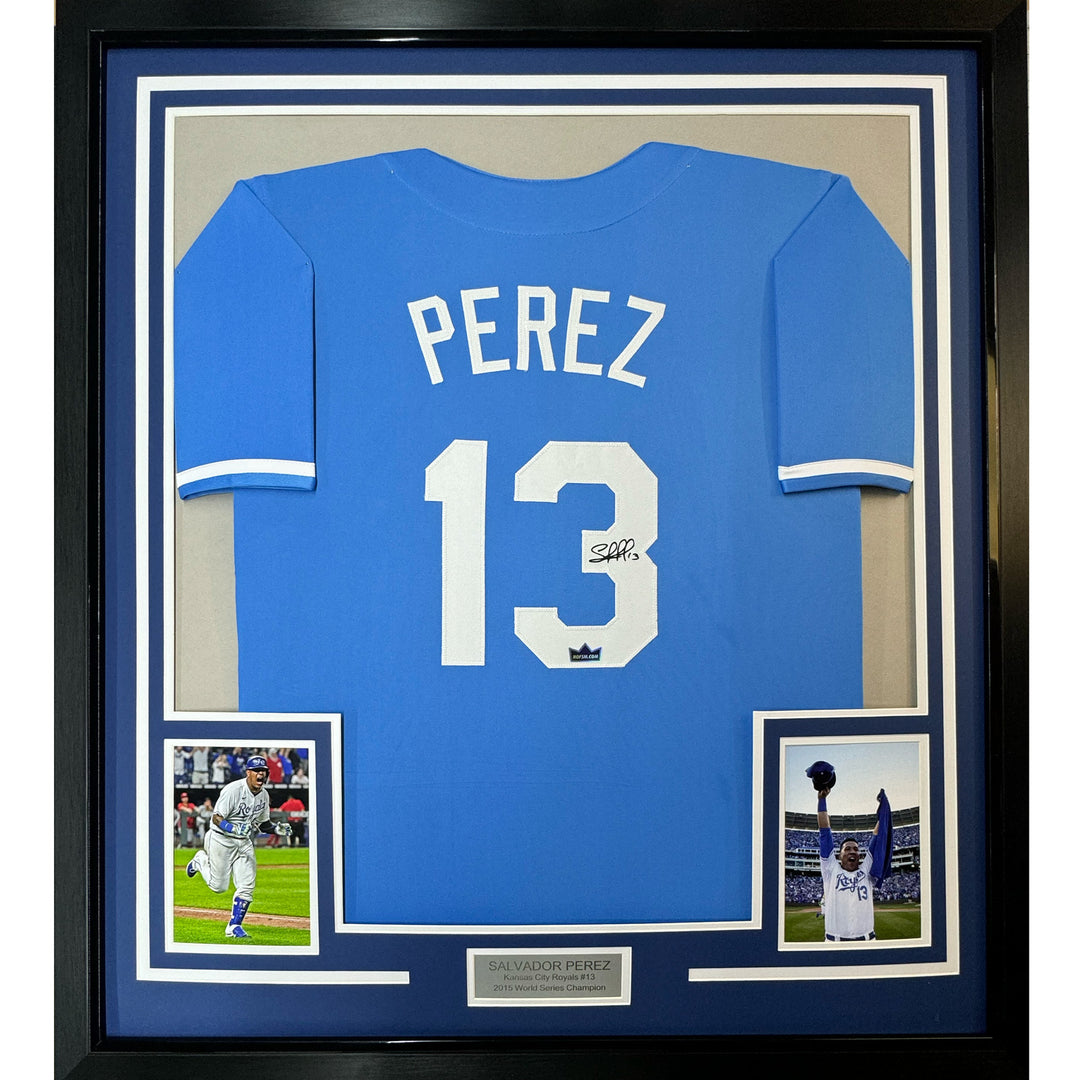 Framed Facsimile Autographed Salvador Perez 33x42 Blue Reprint Laser Auto Jersey