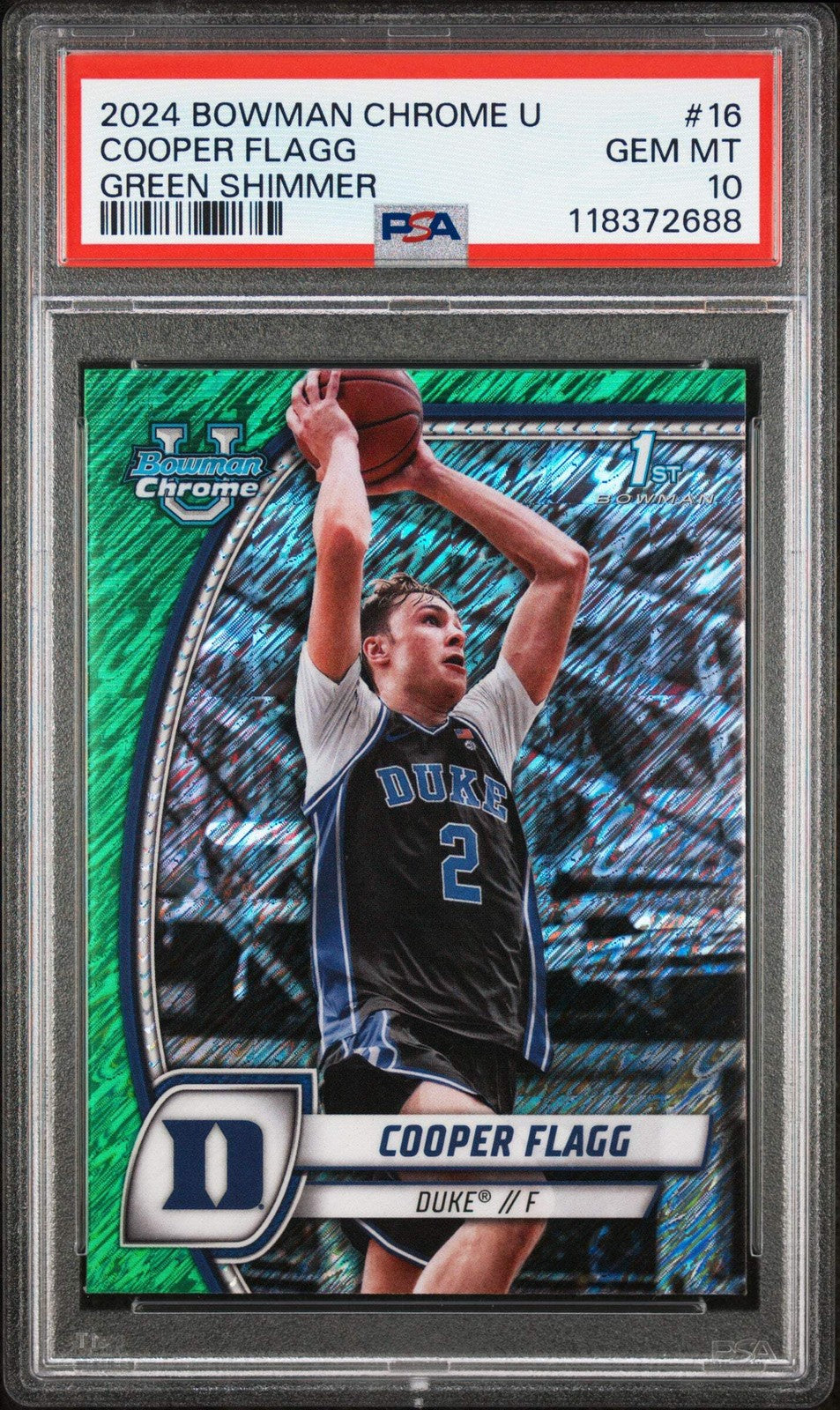Graded 2024 Bowman CHR U Cooper Flagg #16 Green Shimmer Basketball Card PSA 10