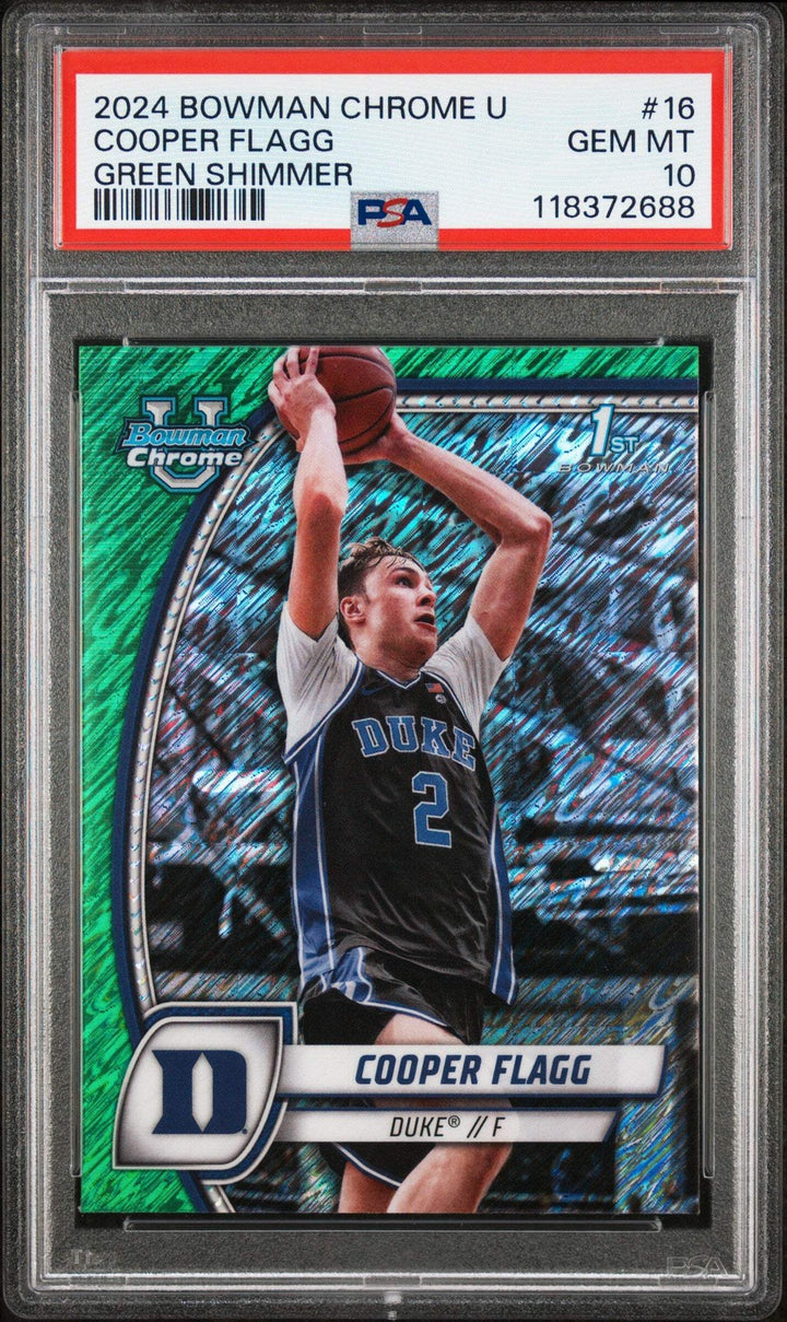 Graded 2024 Bowman CHR U Cooper Flagg #16 Green Shimmer Basketball Card PSA 10