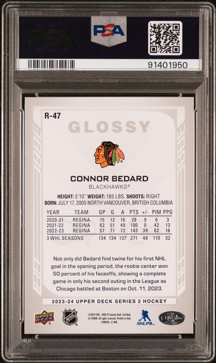 Graded 2023 Upper Deck Connor Bedard #R47 OPC Glossy Rookie Hockey Card PSA 10