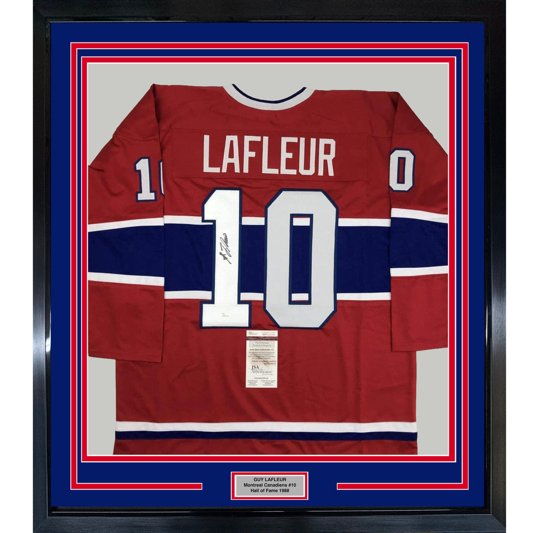 Framed Autographed/Signed Guy LaFleur 33x42 Montreal Red Hockey Jersey JSA COA