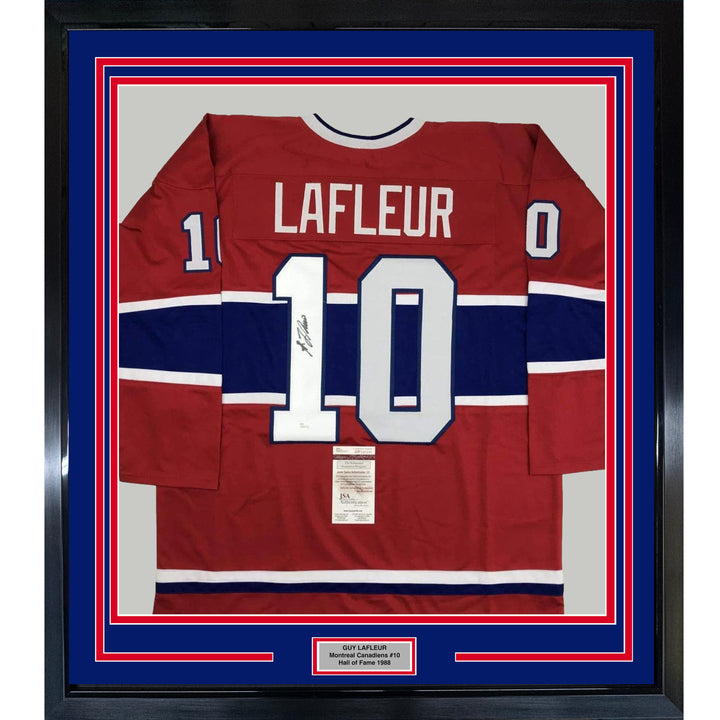 Framed Autographed/Signed Guy LaFleur 33x42 Montreal Red Hockey Jersey JSA COA