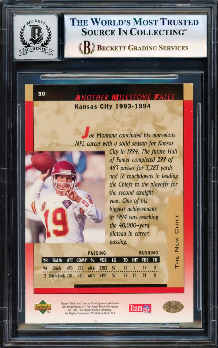 Joe Montana Signed 1995 Upper Deck Card 30 49ers Auto GM 10 Beckett #17604249