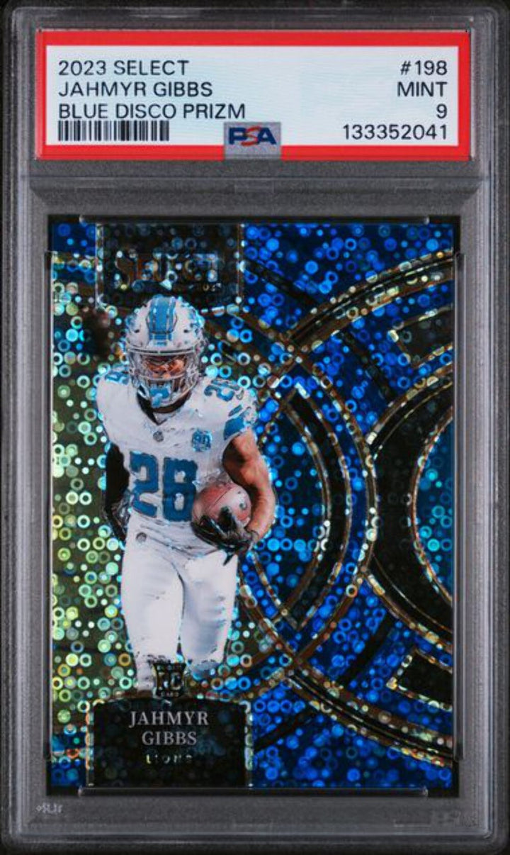 Graded 2023 Panini Select Jahmyr Gibbs #198 /25 Blue Disco Rookie Card PSA 9