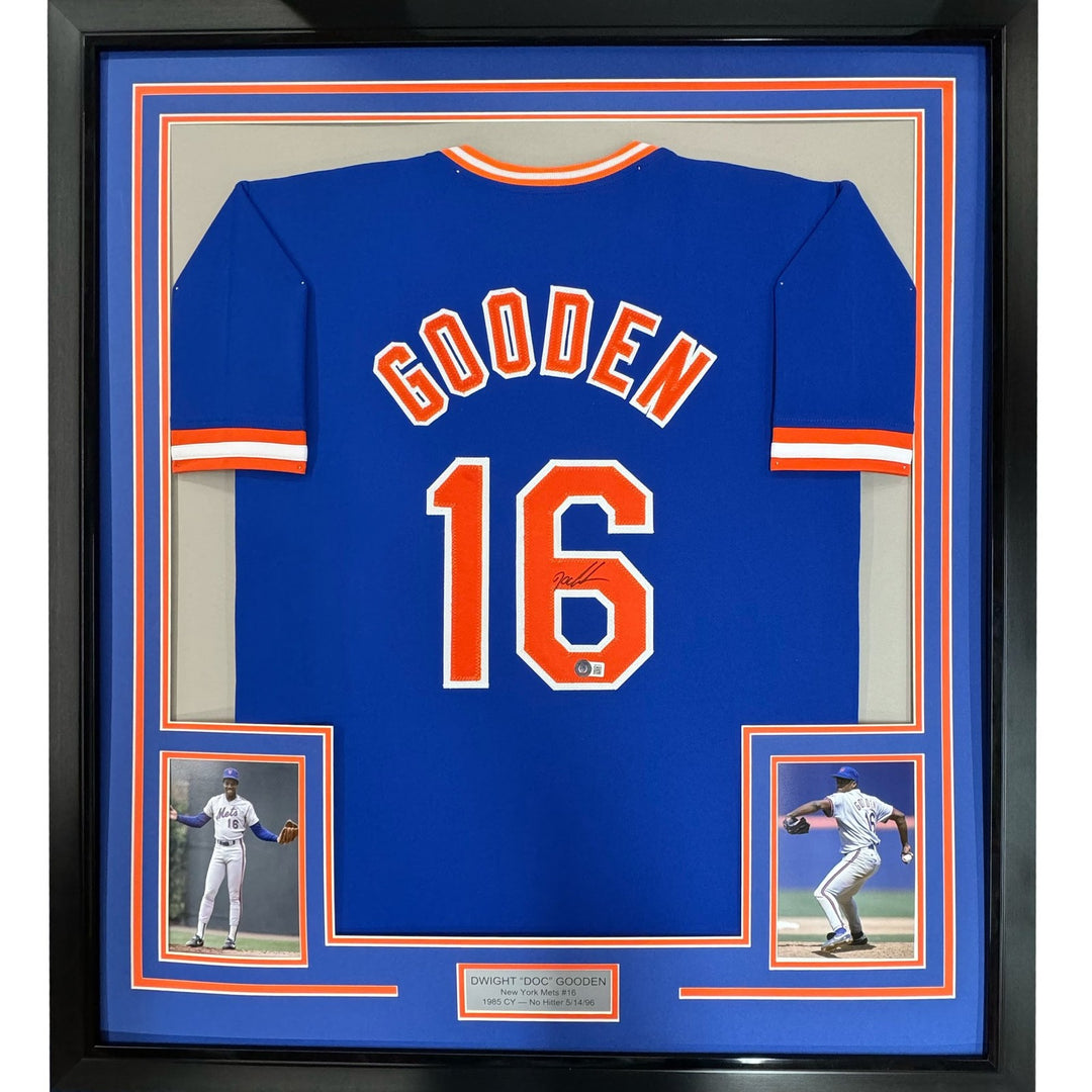 FRAMED Signed DWIGHT DOC GOODEN 35x39 New York Blue Jersey JSA COA