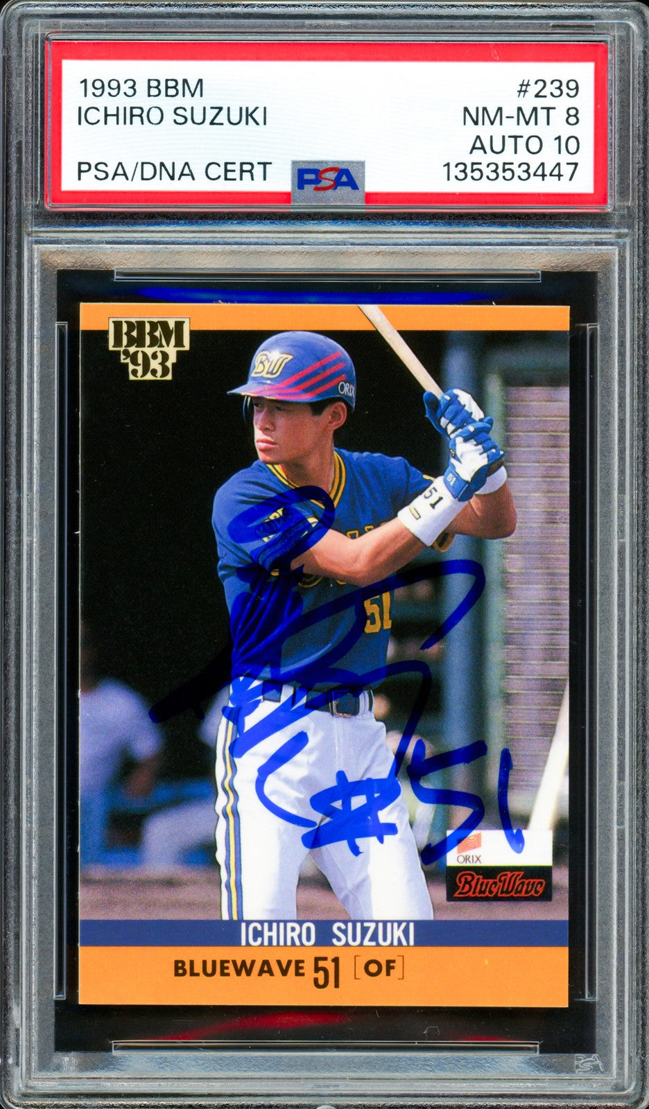 Ichiro Suzuki Auto 1993 BBM RC 239 Mariners PSA 8 Sig 10 "#51" In Kanji PSA/DNA