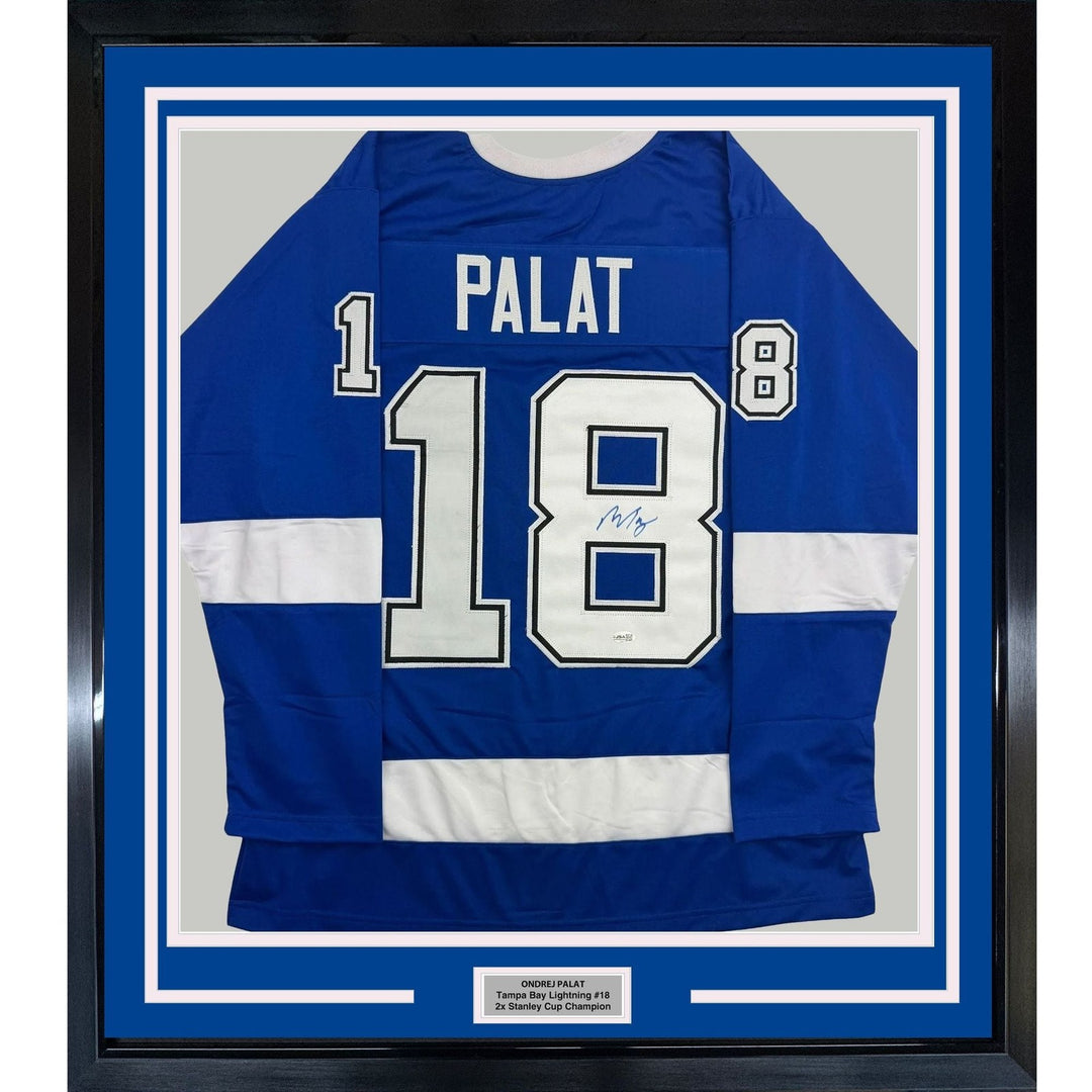 Framed Autographed/Signed Ondrej Palat 35x39 Tampa Bay Blue Jersey JSA COA