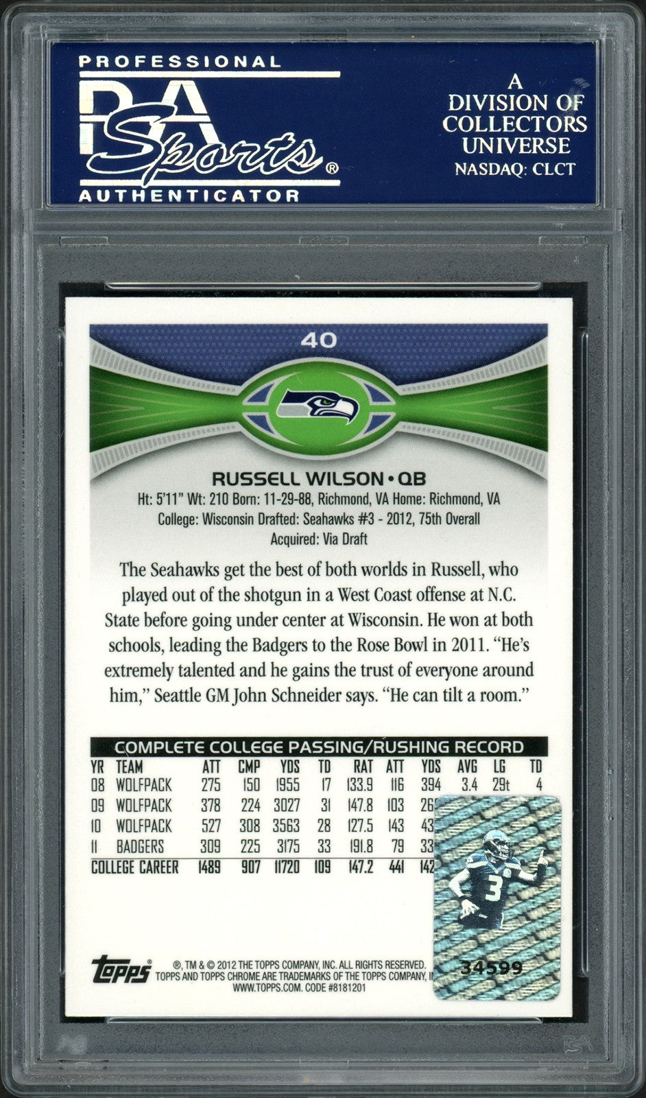 Russell Wilson Signed 2012 Topps Chrome RC 40 Seattle Seahawks PSA/DNA #83812171