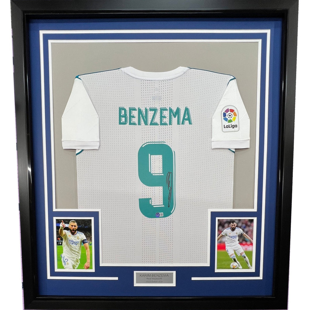 Framed Autographed/Signed Karim Benzema 35x39 2017-18 White Jersey BAS COA