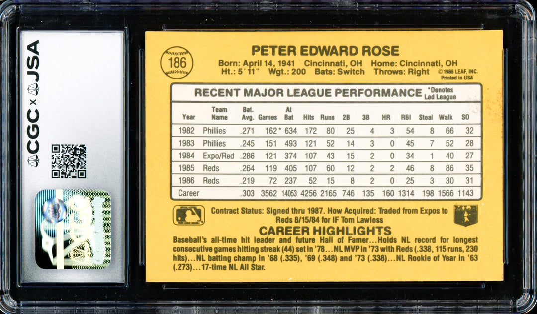 Pete Rose Signed 1987 Donruss Card 186 Cincinnati Reds Auto GM 10 CGC x JSA