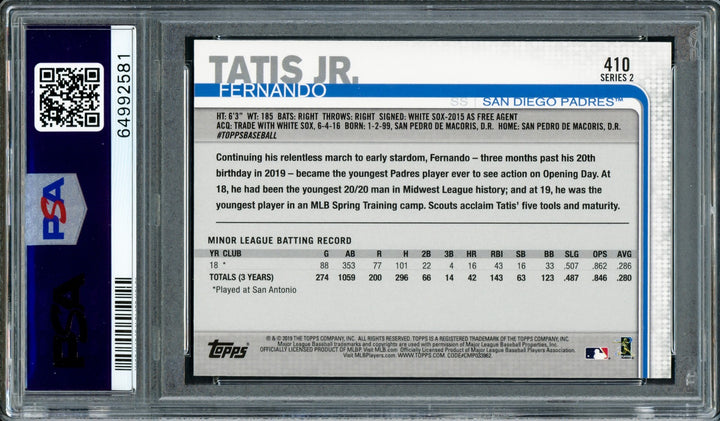 Fernando Tatis Jr. Signed 2019 Topps RC 410 Padres PSA 9 Auto GM 10 PSA/DNA