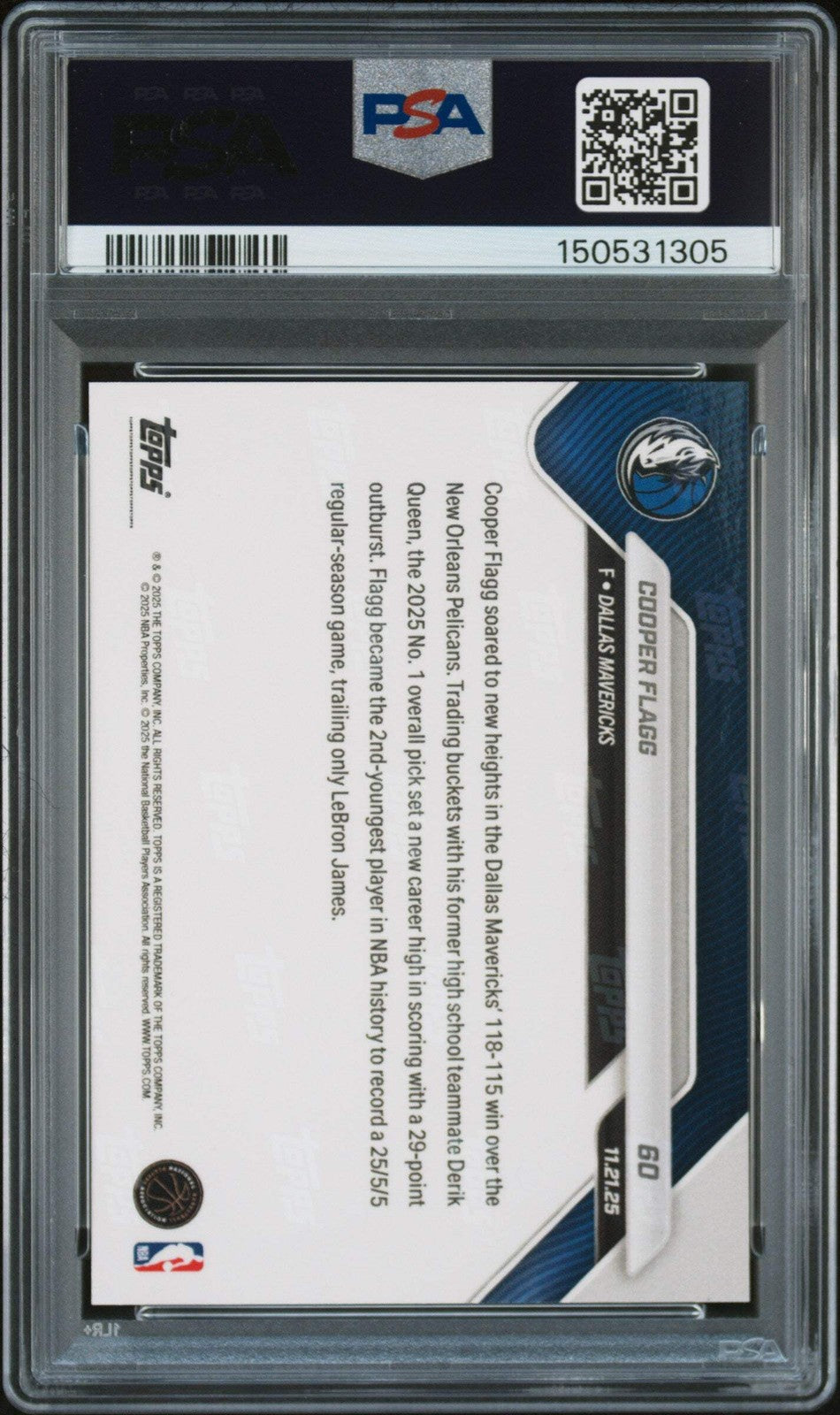 Graded 2025 Topps Now Cooper Flagg #60 Rookie RC Basketball Card PSA 10 Gem Mint