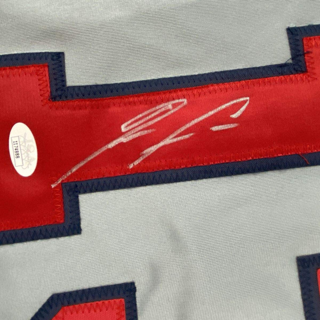 Autographed/Signed RONALD ACUNA JR. Atlanta Grey Baseball Jersey JSA COA Auto