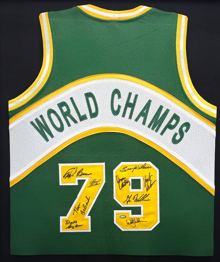 1978-79 NBA Champs Supersonics Multi Signed Framed Green Jersey 9 Sigs MCS Holo