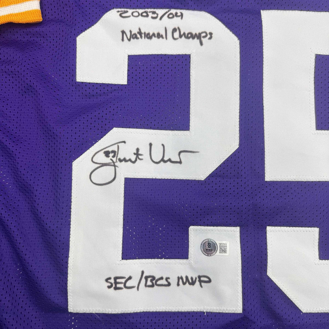 Autographed/Signed Justin Vincent LSU Purple College Jersey Beckett BAS COA
