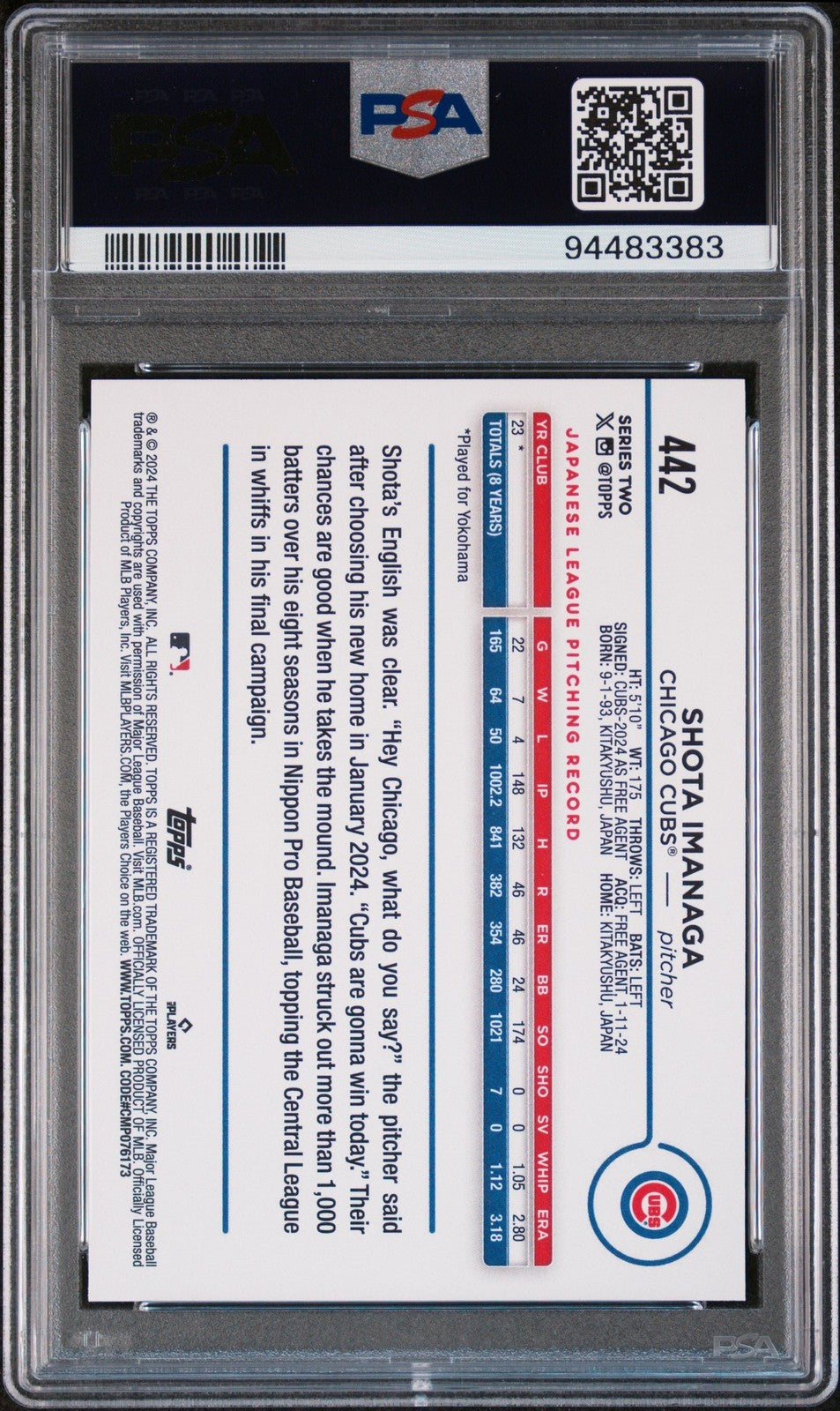 Graded 2024 Topps Shota Imanaga #442 Rookie RC Card PSA 10 Gem Mint
