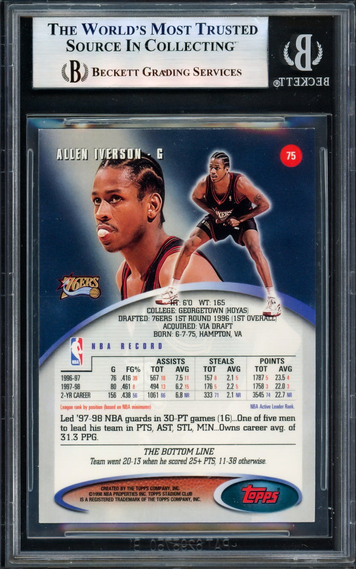 Allen Iverson Signed 1998-99 Stadium Club Card 75 Card 76ers Beckett Wit