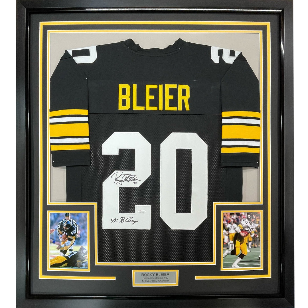 FRAMED Signed ROCKY BLEIER 35x39 Pittsburgh Black Jersey JSA COA