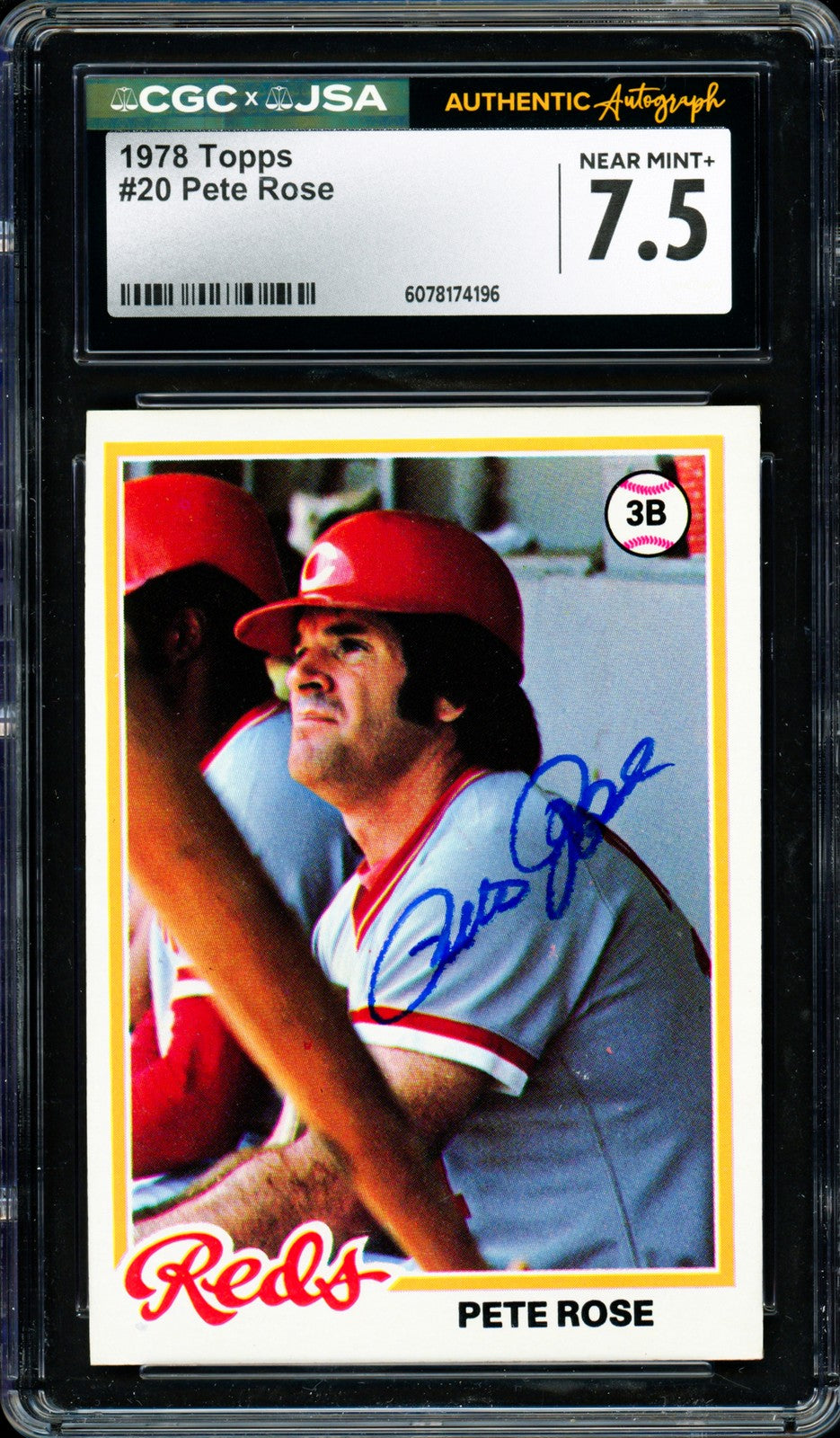Pete Rose Signed 1978 Topps Card 20 Cincinnati Reds Grade 7.5 CGC x JSA