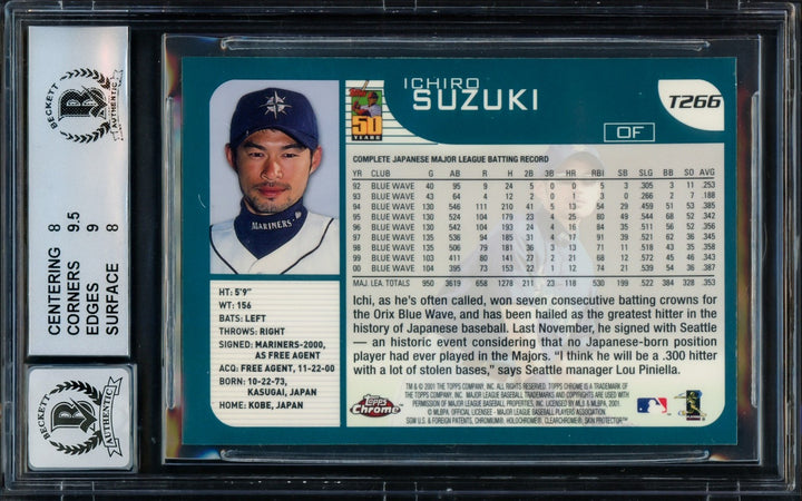 Ichiro Suzuki Auto Signed 2001 Topps Chrome Traded RC T266 BGS 8 Sig 10 Beckett