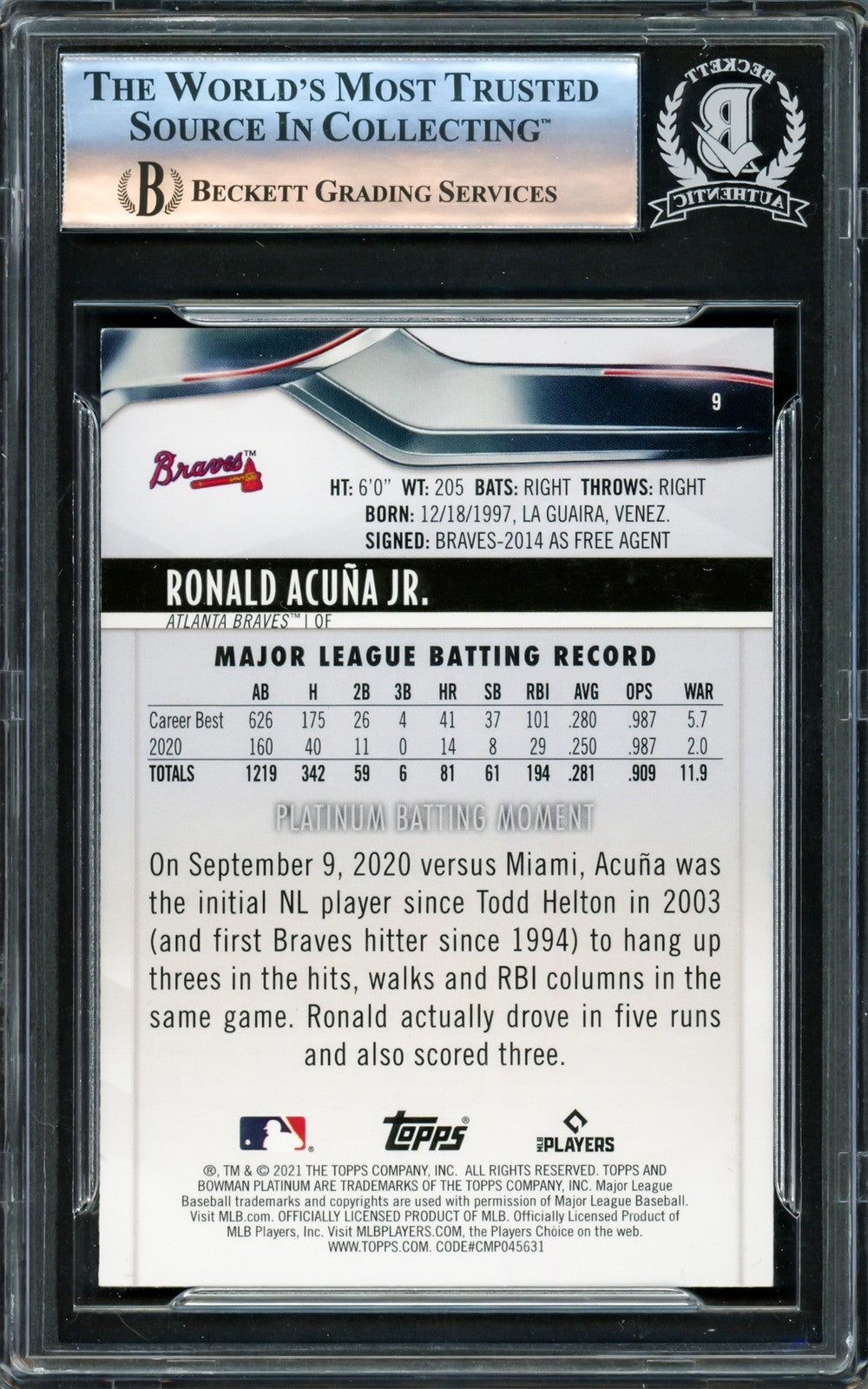 Ronald Acuna Jr. Signed 2021 Bowman Platinum Card #9 Atlanta Braves Beckett