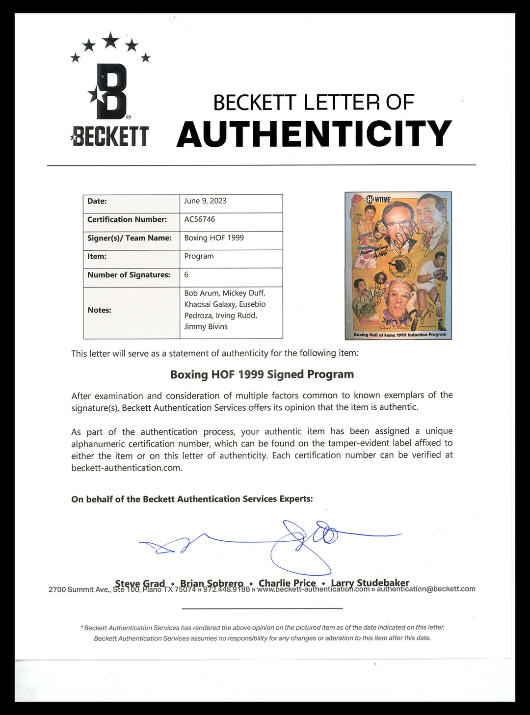 Boxing Legends Autographed Hall of Fame Induction Program 6 Sigs Beckett