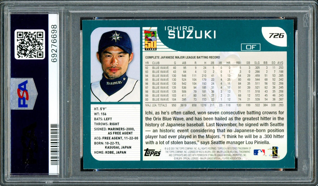 Ichiro Suzuki Signed 2001 Topps RC #726 Mariners PSA 9 Auto GM 10 PSA/DNA