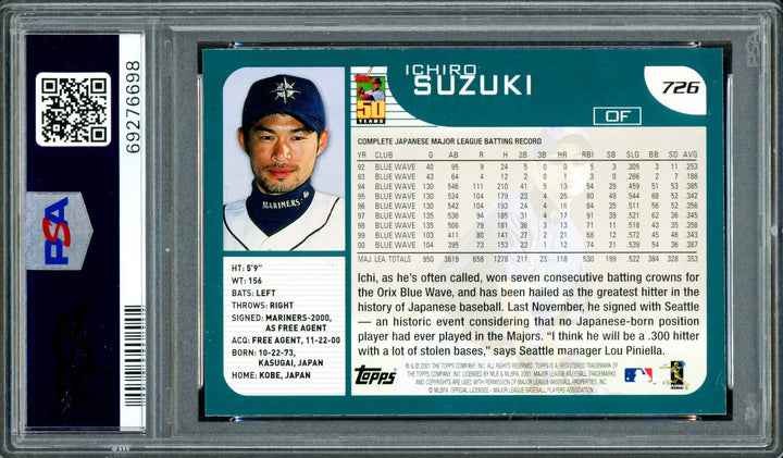 Ichiro Suzuki Signed 2001 Topps RC #726 Mariners PSA 9 Auto GM 10 PSA/DNA