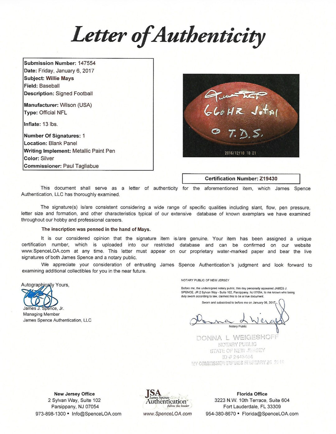 Willie Mays Signed 660 HR Total 0 T.D.S Mint Auto Duke Football Case JSA Coa