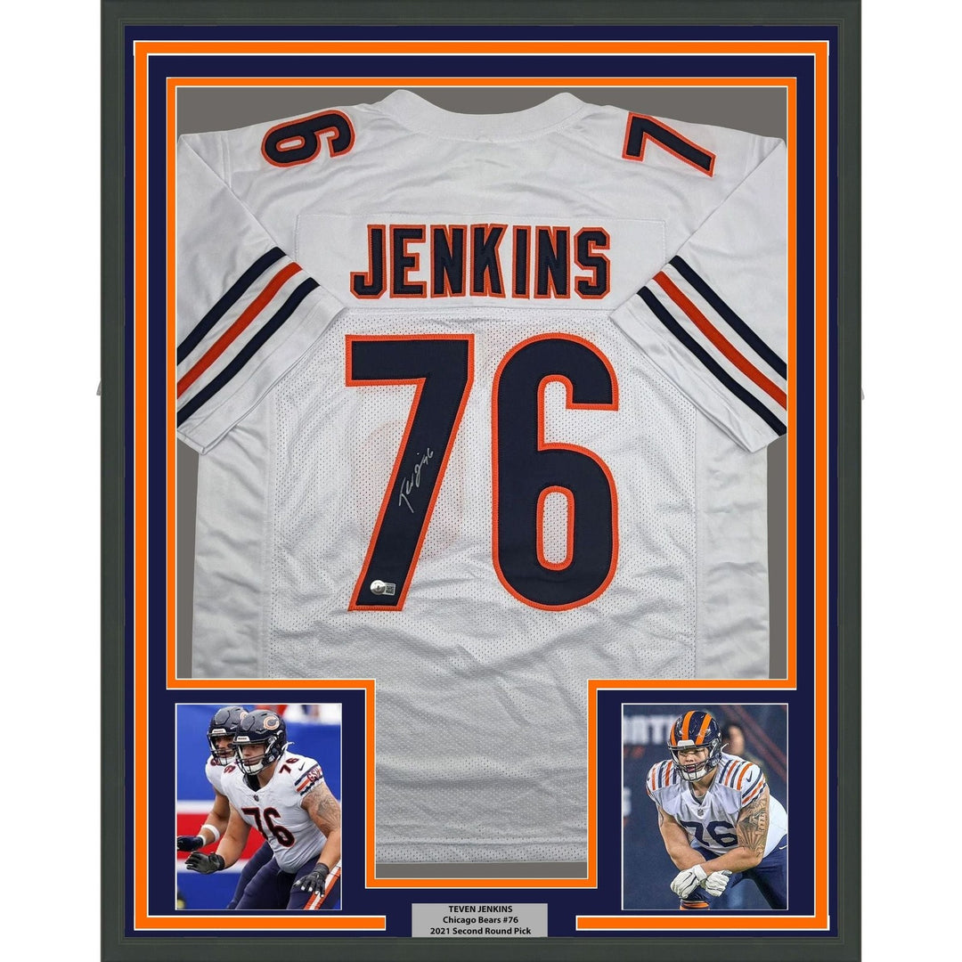 Framed Autographed/Signed Teven Jenkins 35x39 Chicago White Jersey BAS COA