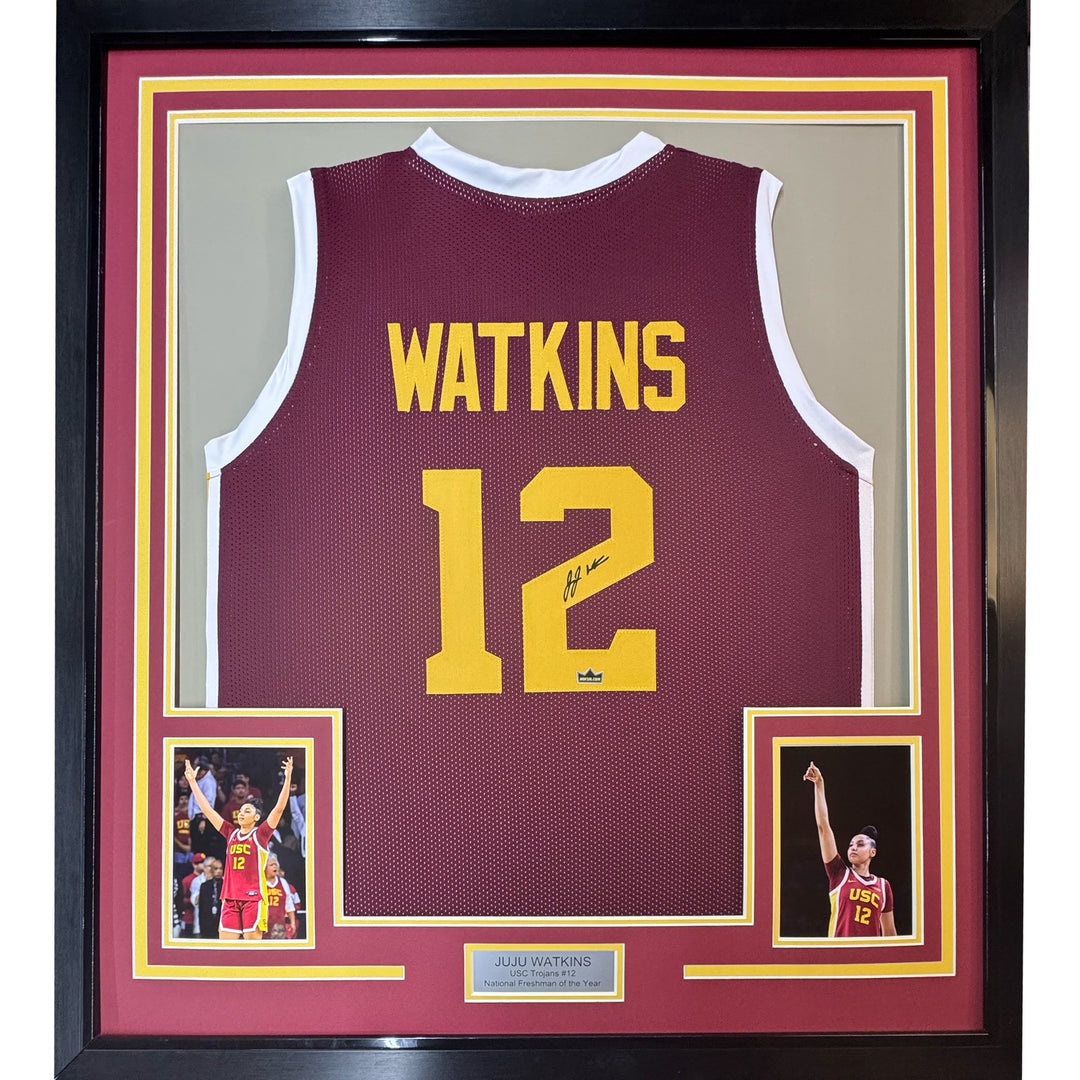 Framed Facsimile Autographed Juju Watkins 35x39 Maroon Reprint Laser Auto Jersey
