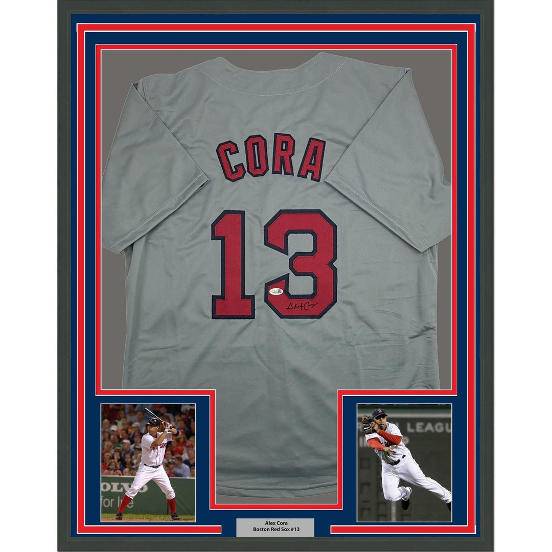 Framed Autographed/Signed Alex Cora 35x39 Boston Grey Jersey JSA COA