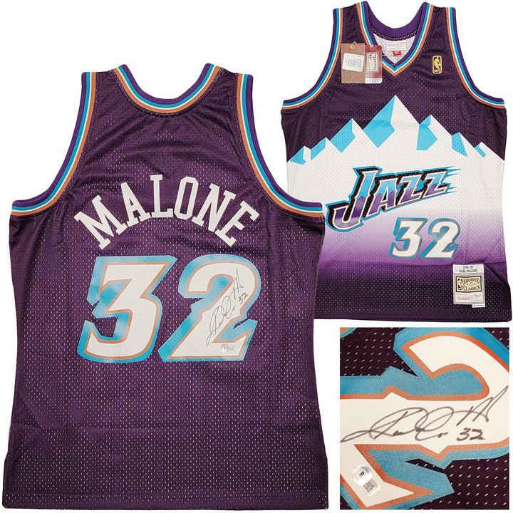 Jazz Karl Malone Auto Purple Teal Authentic Mitchell Ness Jersey Size L Beckett