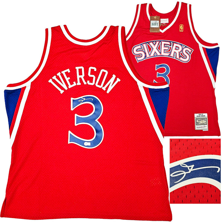 76ers Allen Iverson Auto Red AUTH Mitchell Ness 96 HWC Swingman Jersey XXL BAS