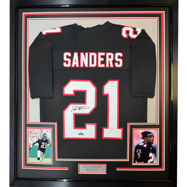Framed Facsimile Autographed Deion Sanders 33x42 Black Reprint Laser Auto Jersey