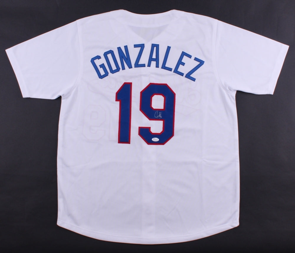 JUAN GONZALEZ SIGNED TEXAS RANGERS JERSEY w/JSA WITNESSED COA INDIANS TIGERS KCR