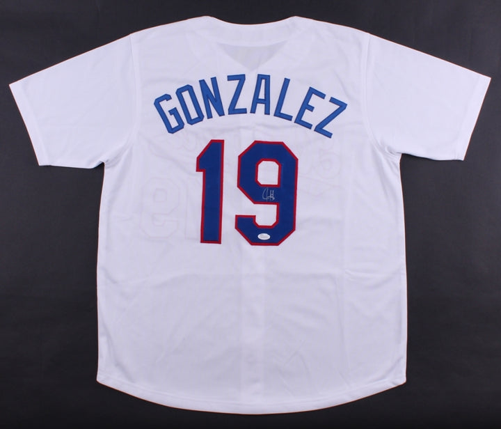 JUAN GONZALEZ SIGNED TEXAS RANGERS JERSEY w/JSA WITNESSED COA INDIANS TIGERS KCR