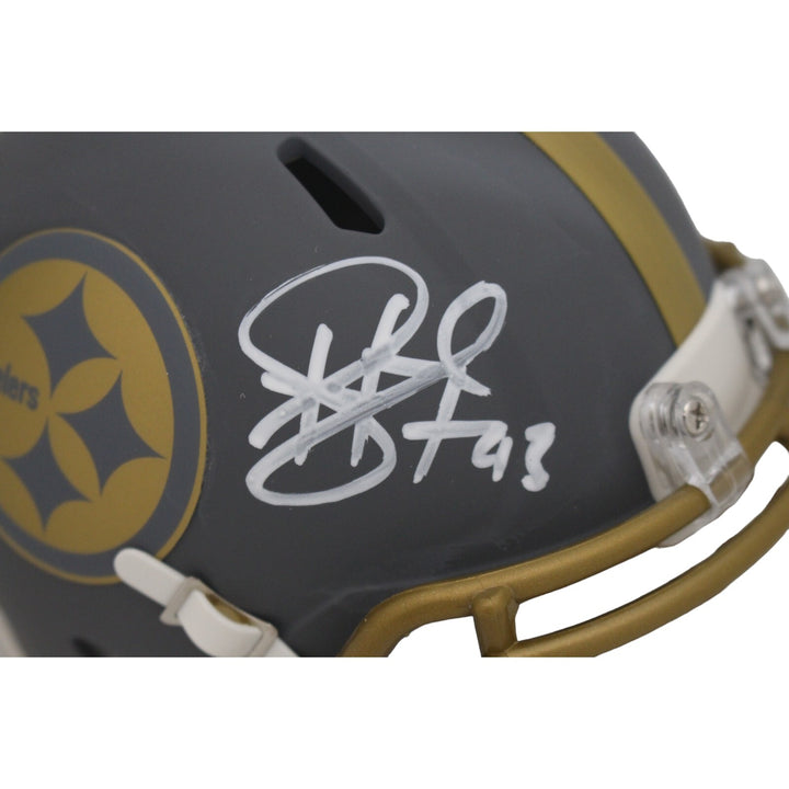 Troy Polamalu Autographed Pittsburgh Steelers Slate Mini Helmet Beckett 46473