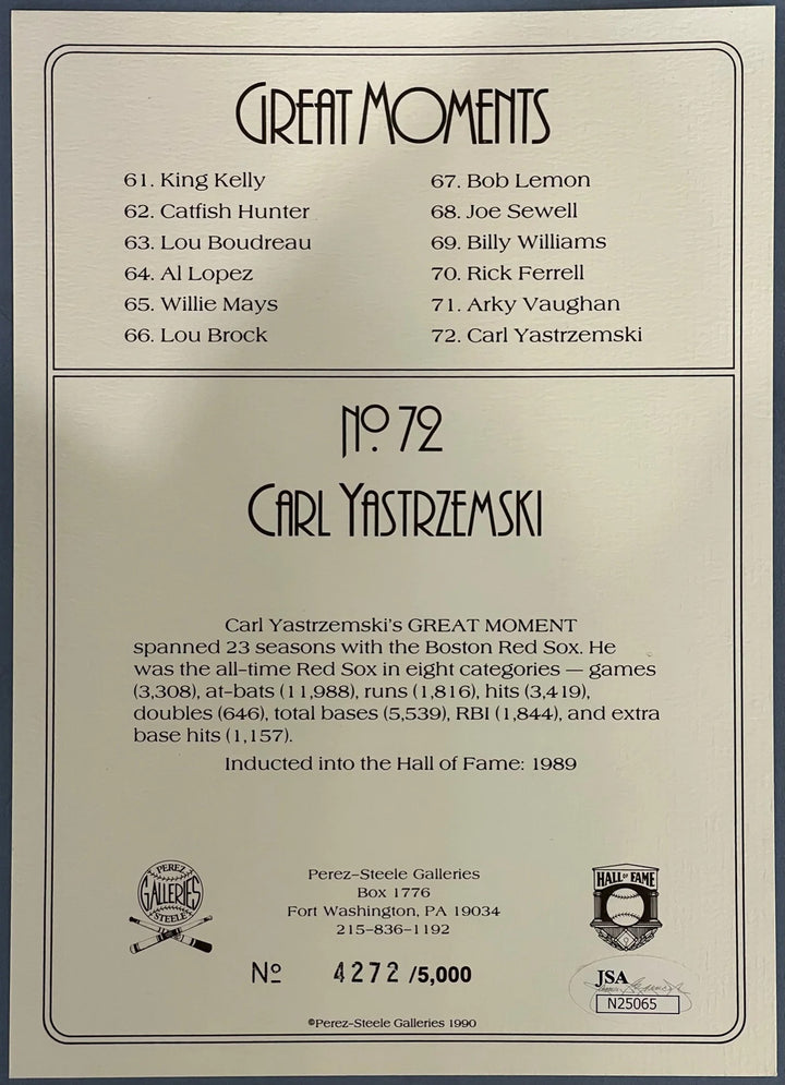 Carl Yastrzemski Autographed Greatest Moments Postcard (JSA)