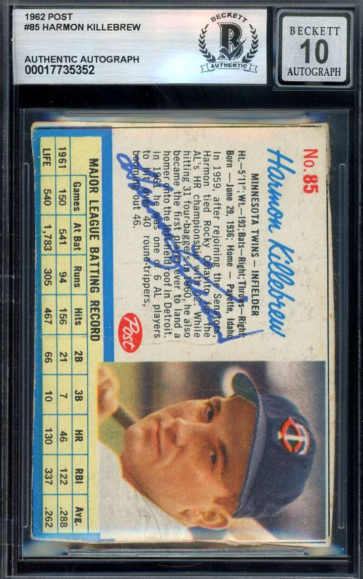 Harmon Killebrew Gem Mint 10 Beckett BAS Signed 1962 Post Autographed