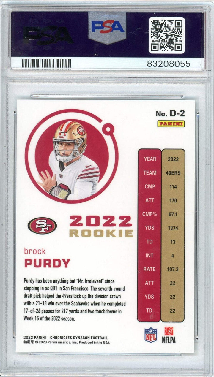 Graded 2022 Panini Chronicles Brock Purdy #D2 Dynagon RC Football Card PSA 10