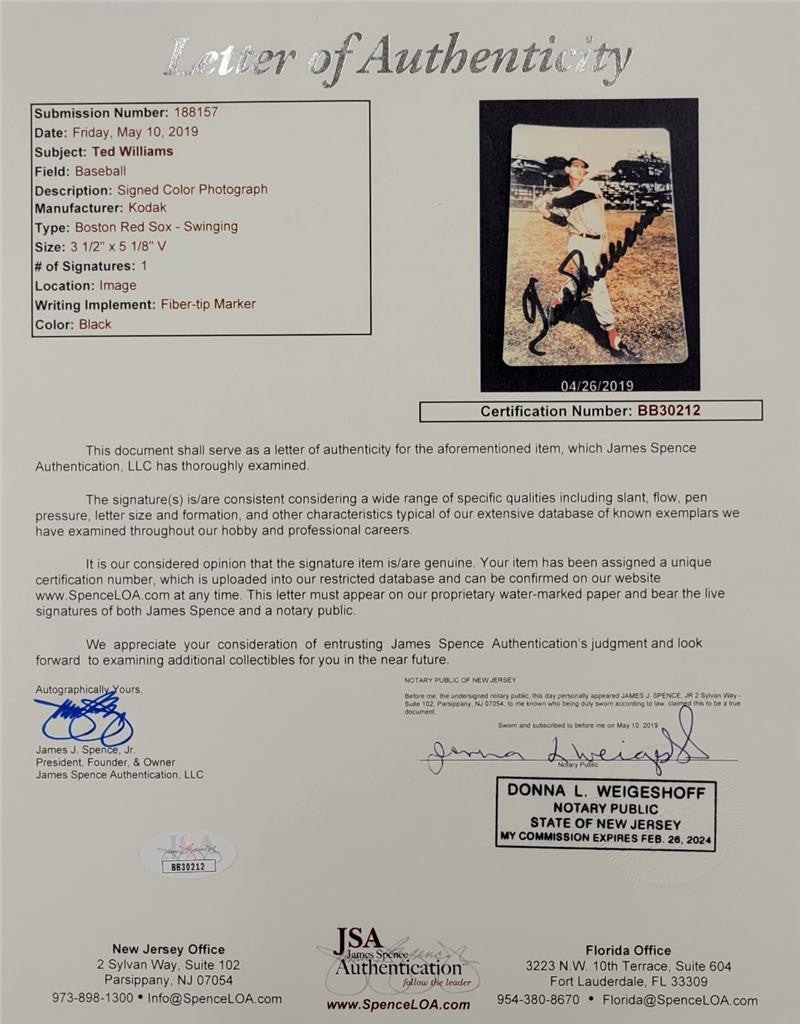 Ted Williams signed 3x5 Photo Boston Red Sox autograph ~ JSA