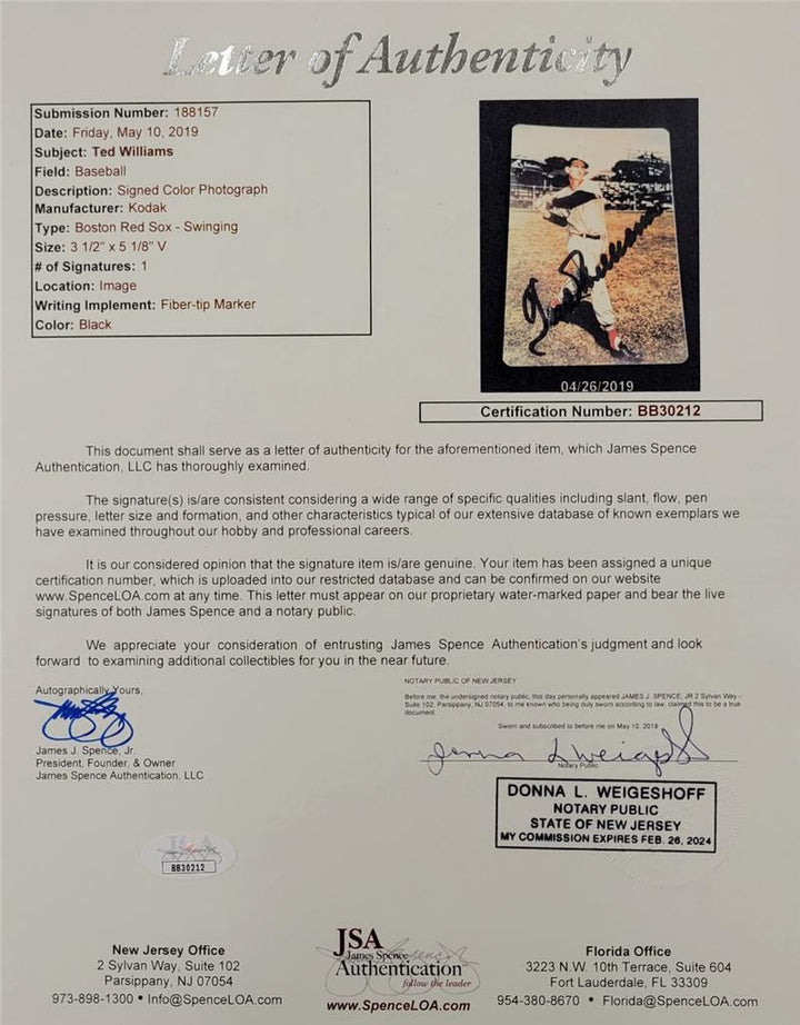 Ted Williams signed 3x5 Photo Boston Red Sox autograph ~ JSA