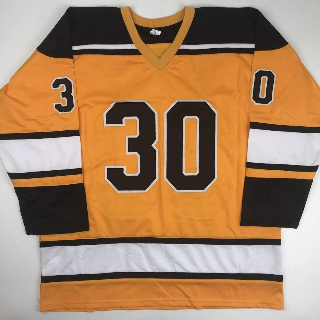 Autographed/Signed Gerry Cheevers HOF 85 Boston Yellow Jersey JSA COA