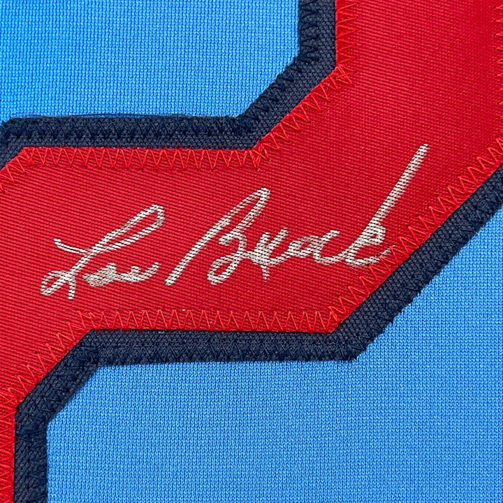 FRAMED Autographed/Signed LOU BROCK 33x42 St. Louis Blue Jersey JSA COA Auto
