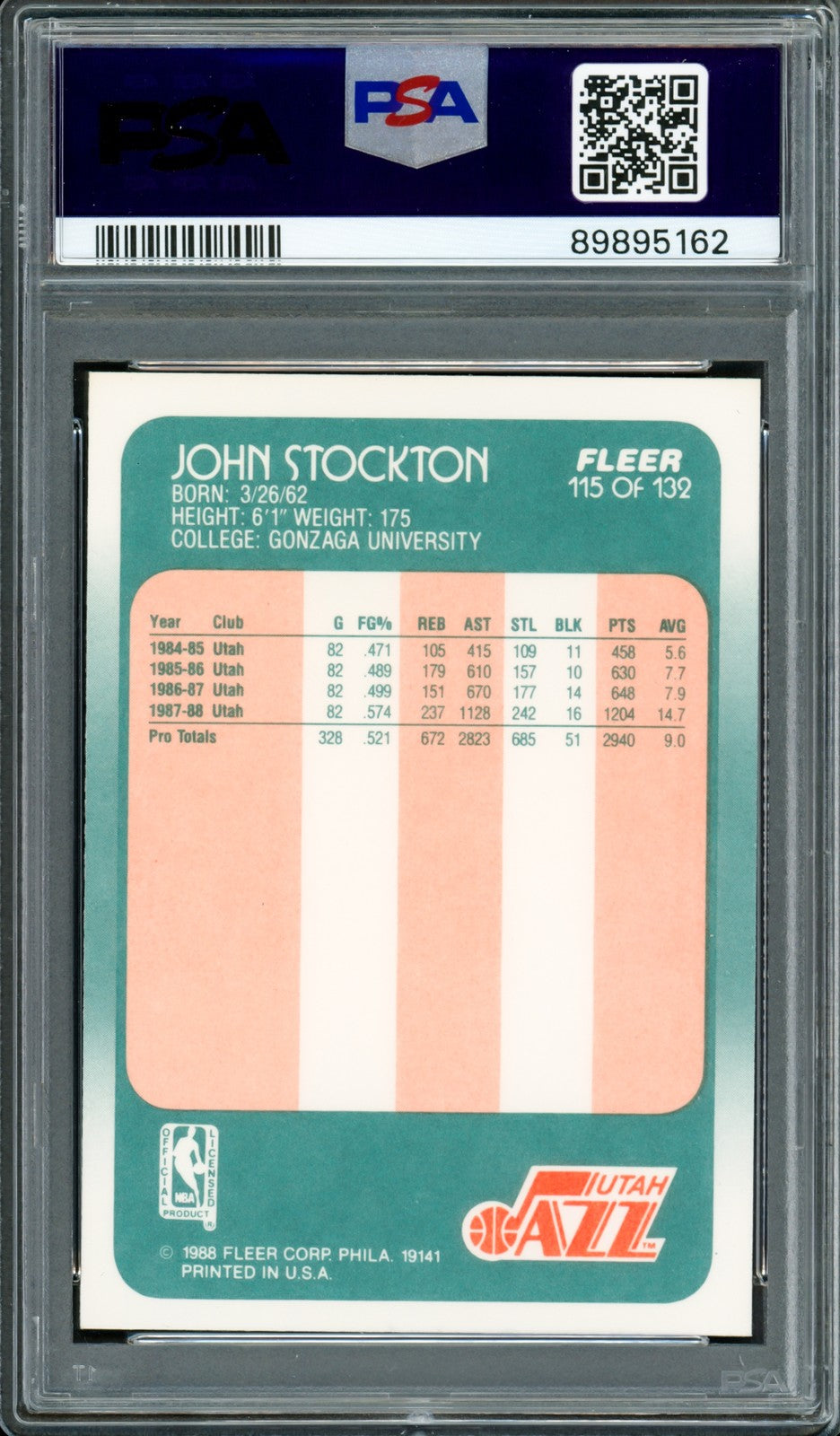 John Stockton Auto 1988-89 Fleer RC 115 Jazz PSA 9 Auto Mint 9 PSA/DNA #89895162