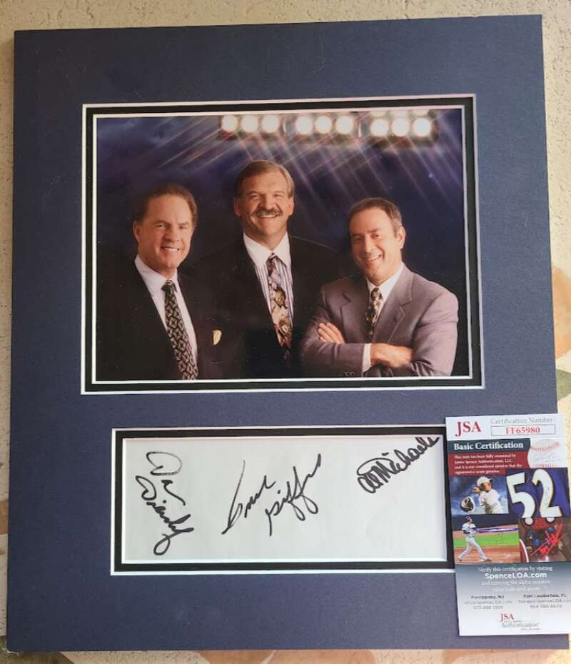Al Michaels Dan Dierdorf Frank Gifford JSA Signed Matted 9x7 Photo Cut Signature