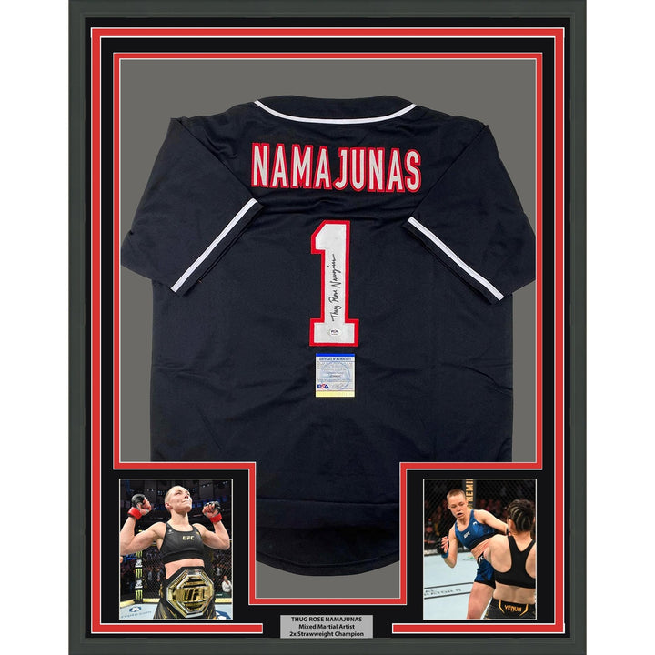 Framed Autographed/Signed Thug Rose Namajunas 33x42 Jersey Shirt PSA COA