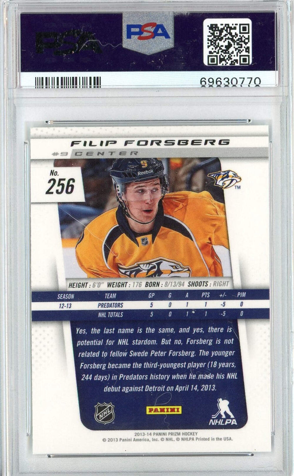 Graded 2013 Panini Prizm Filip Forsberg #256 Rookie RC Hockey Card PSA 10 Gem